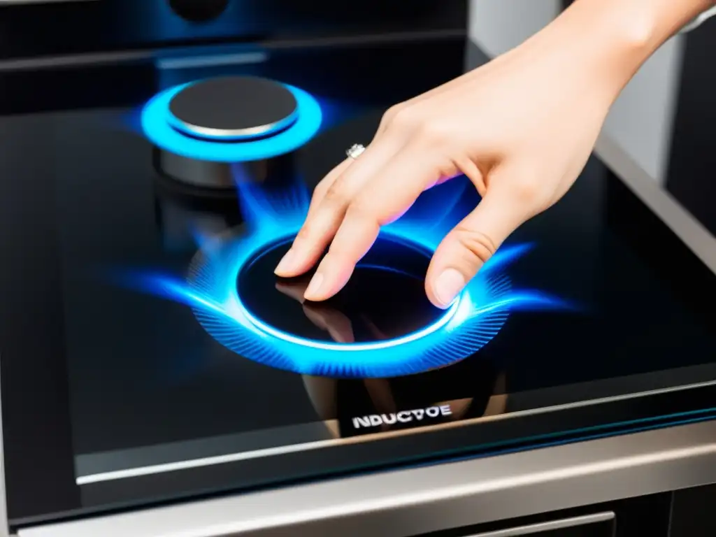 Mano ajustando moderna estufa de inducción Mano ajustando panel de estufa de inducción moderna, con llama azul visible