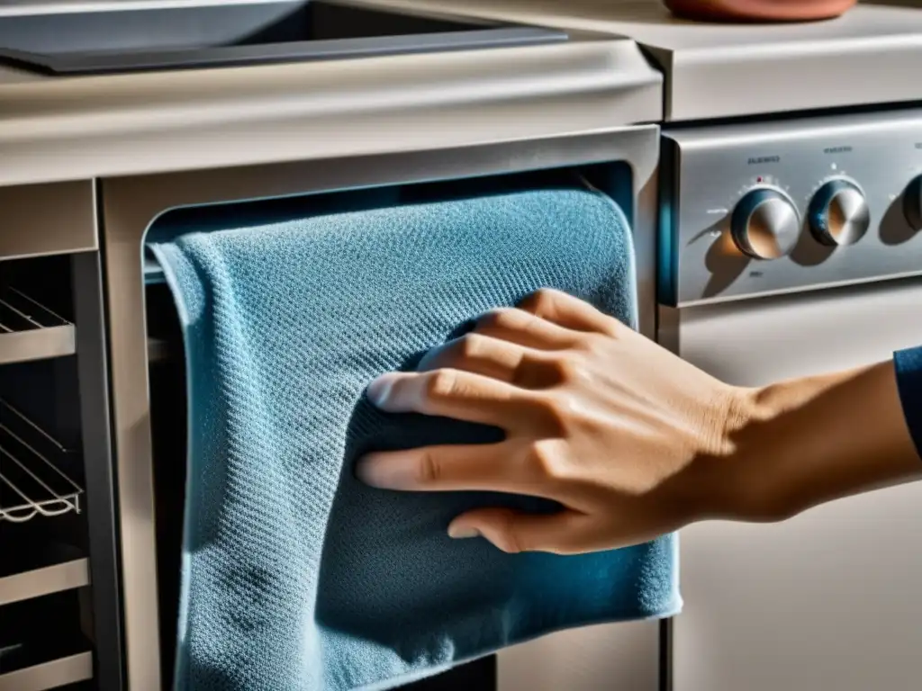 Limpieza detallada de extractor de cocina: mano con paño de microfibra Mano usando paño microfibra para limpiar extractor cocina, mostrando consejos para limpiar extractor cocina