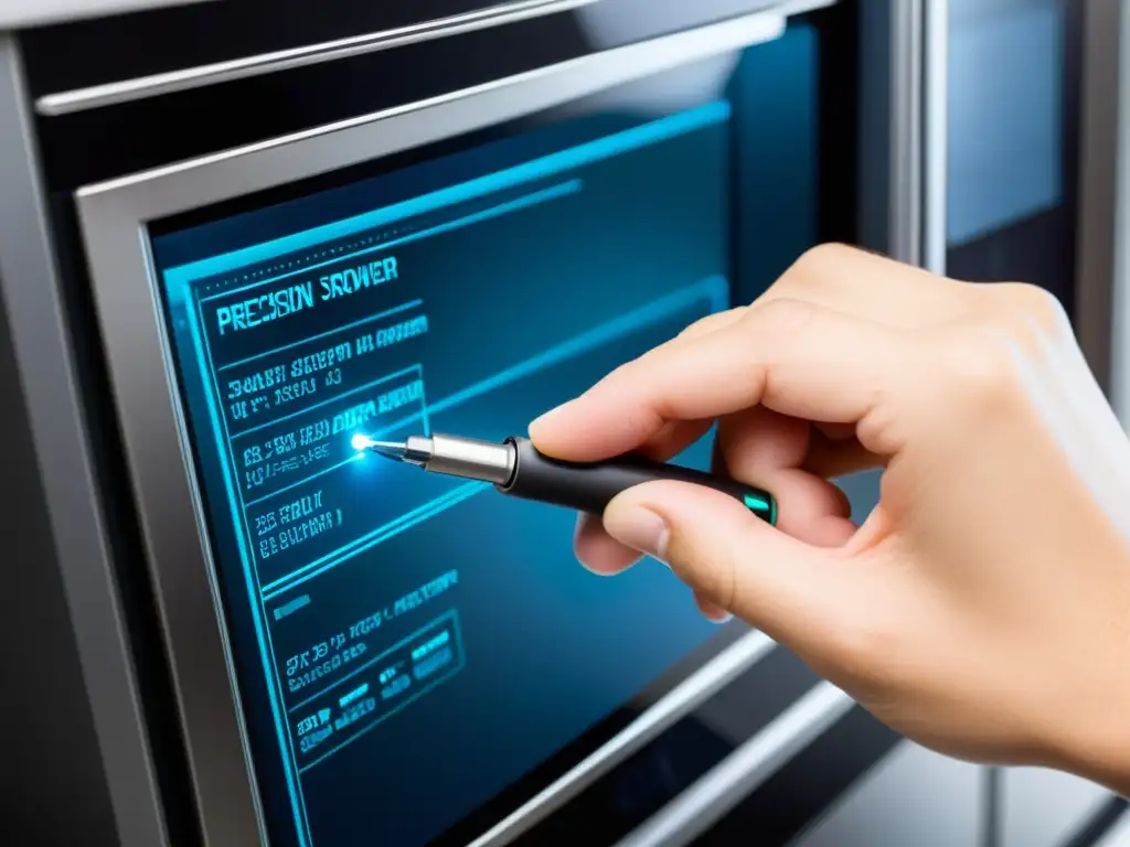 Reparación experta de pantalla táctil con destornillador de precisión Mano hábil solucionando pantalla táctil de electrodoméstico con precisión y enfoque profesional