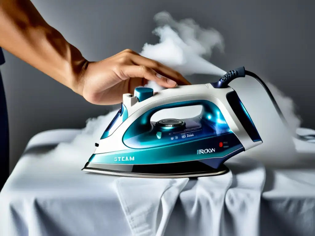 Plancha de vapor moderna: detalle de mano y camisa impecable Mano sostiene plancha de vapor, liberando vapor sobre una camisa blanca impecable, evocando limpieza y mantenimiento