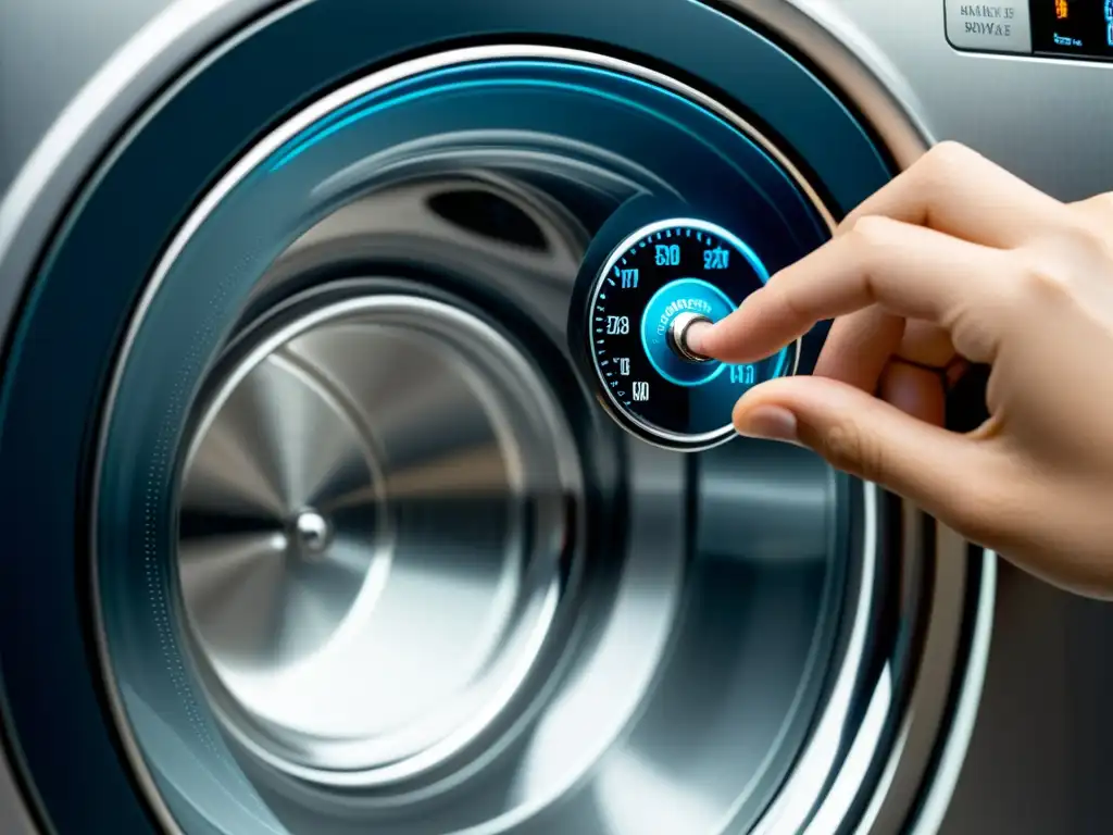 Mano ajustando dial de lavadora moderna Mano ajustando con precisión la presión de agua en moderna lavadora, con gotas cayendo