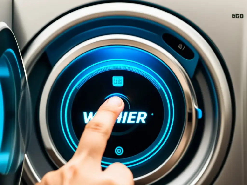 Ajuste preciso del dial de presión de agua en lavadora moderna Mano ajustando con precisión la presión de agua en moderna lavadora hogar, destacando su diseño contemporáneo