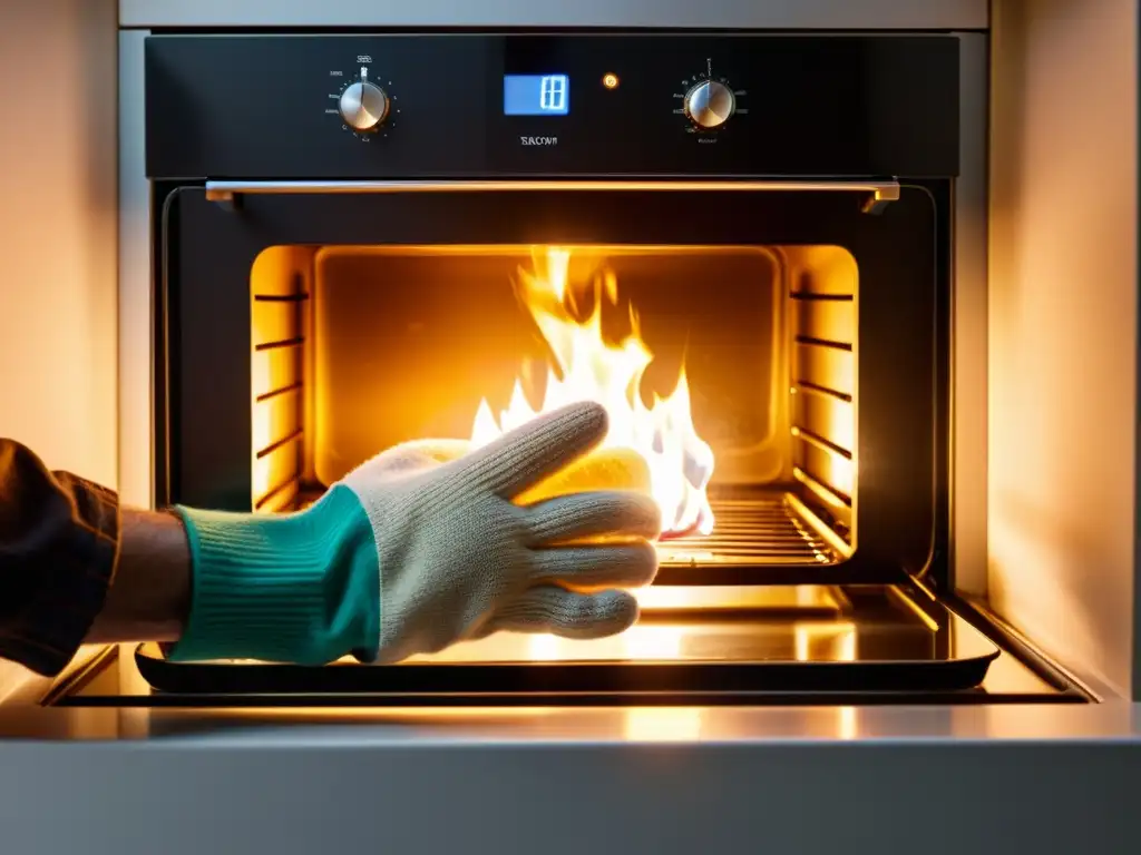 Cambio seguro de luz de horno: detalle de mano con guante Mano segura y precisa cambiando la luz interior del horno