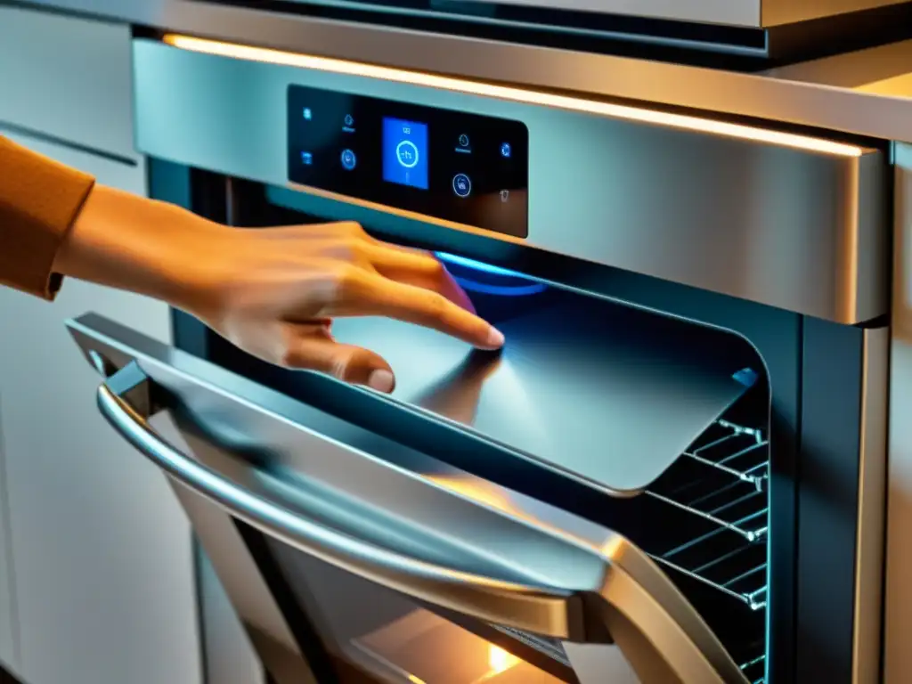 Seguridad en la cocina: Apertura de horno a prueba de niños Mano alcanzando seguro de horno, resaltando diseño ergonómico y seguridad
