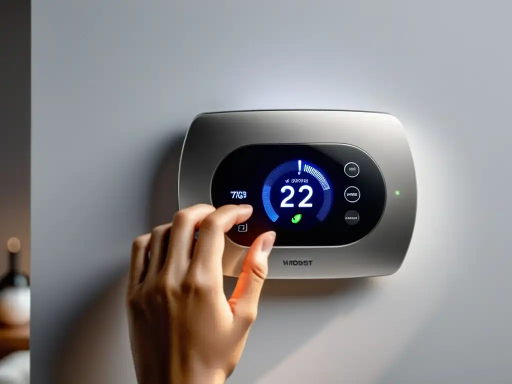 Mano ajustando termostato con pantalla digital y sonrisa amigable