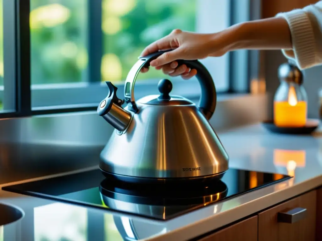 Cocina moderna con hervidor en la estufa de vidrio Mano colocando la tetera en la cocina moderna con luz natural