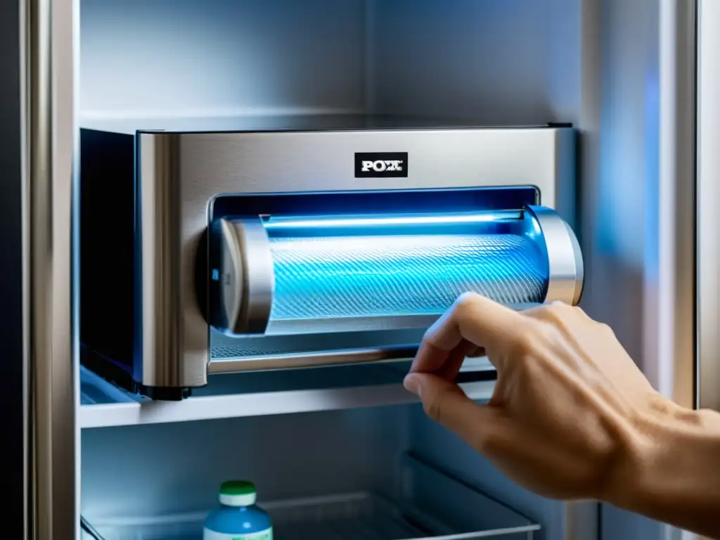 Reemplazo experto del filtro de agua en refrigerador Manos expertas reemplazan filtro de agua en moderno refrigerador, transmitiendo confianza y precisión