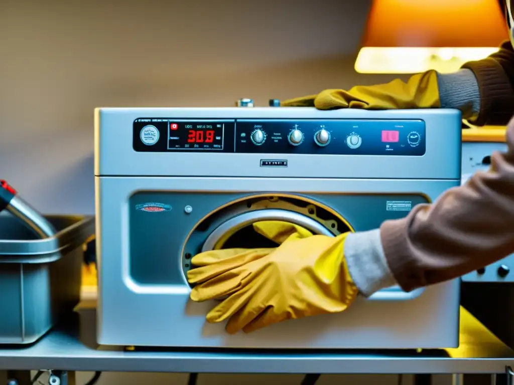 Manos expertas desmontando una lavadora vieja, reciclar electrodomésticos viejos ganar dinero
