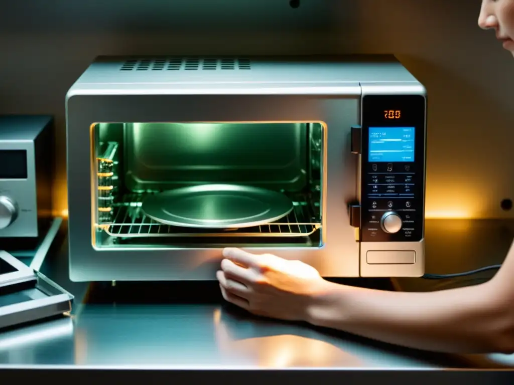 Desmontaje meticuloso de microondas: precisión y artesanía Manos expertas desmontando un microondas viejo con cuidado, en un ambiente de precisión y belleza