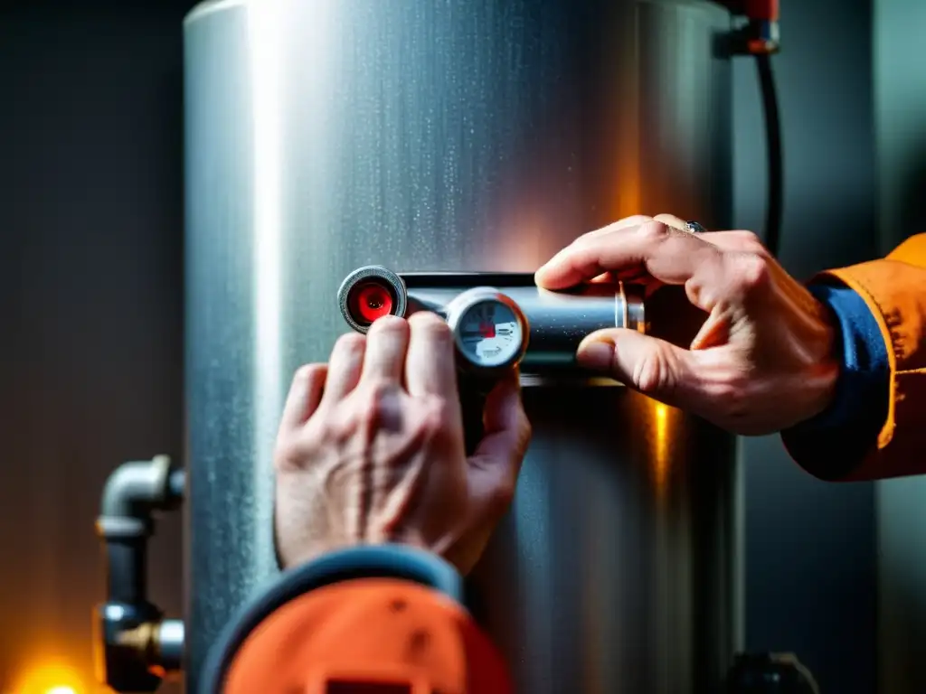Inspección profesional de calentador de agua Manos de fontanero inspeccionando con cuidado el elemento calefactor del calentador de agua, iluminadas por una brillante luz LED de trabajo