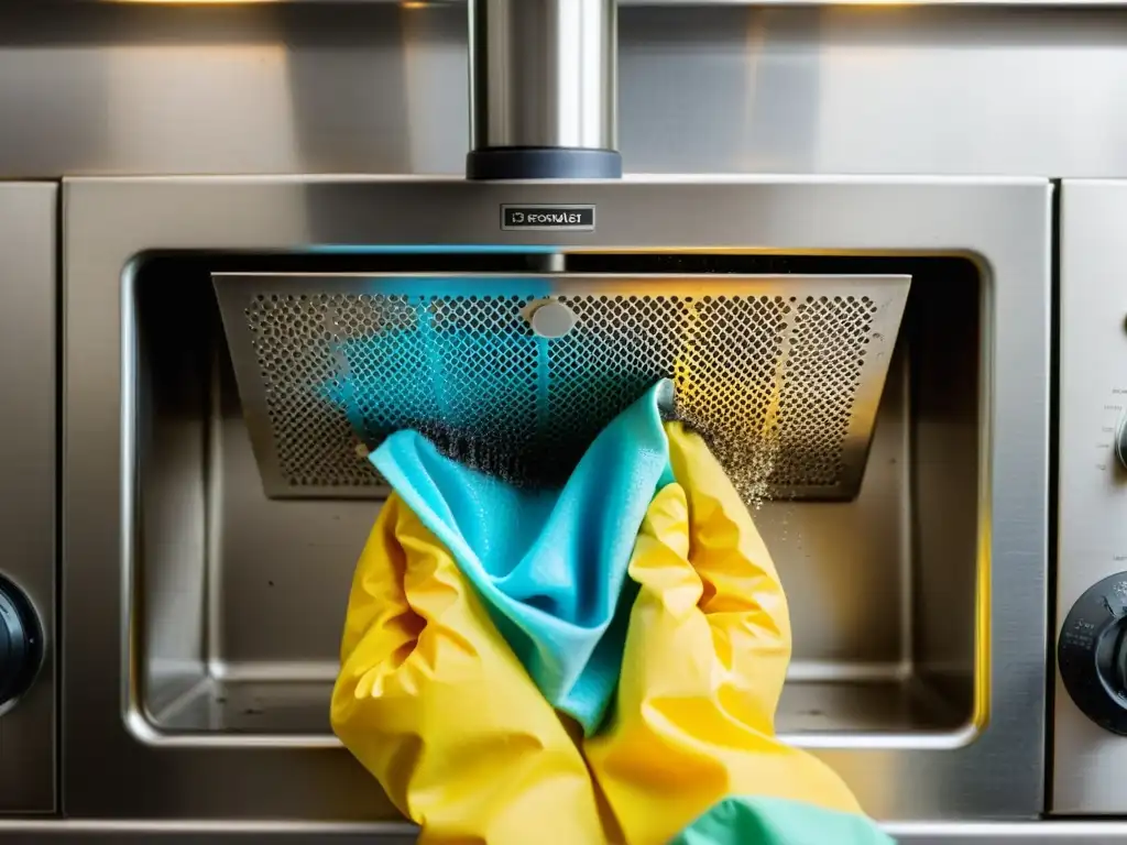 Limpieza profunda: manos en guantes de goma lavan filtro de campana con espuma y agua Manos con guantes limpiando filtro de extractor con agua jabonosa