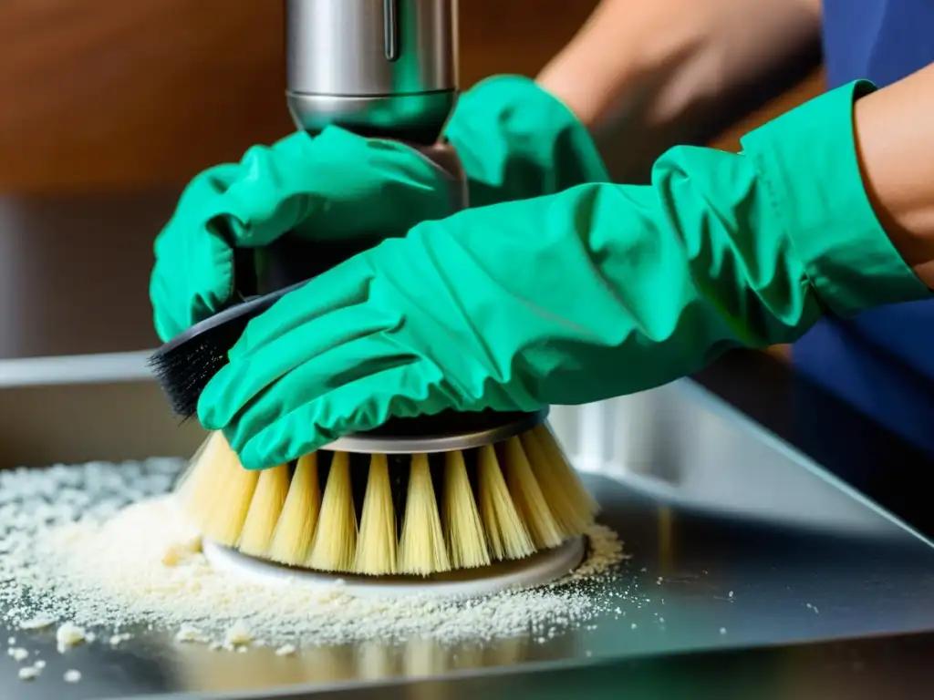 Limpieza detallada de licuadora: persona usando cepillo Manos con guantes realizan una limpieza profunda de una batidora desarmada para alargar su vida útil, en un entorno meticuloso y profesional