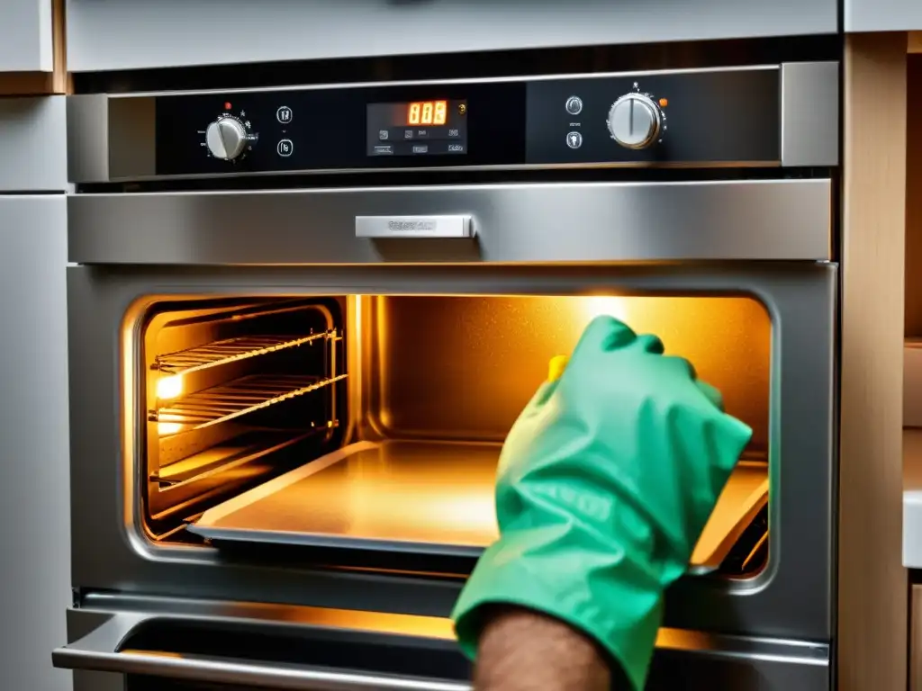 Cambio seguro de bombilla de horno: manos con guantes quitando la cubierta Manos con guantes cambian la luz del horno con seguridad, mostrando el procedimiento detallado