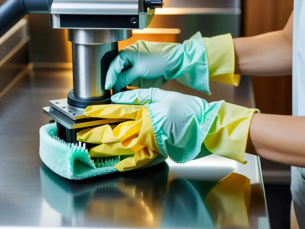 Limpieza meticulosa de robot de cocina Manos con guantes limpiando meticulosamente un moderno robot de cocina