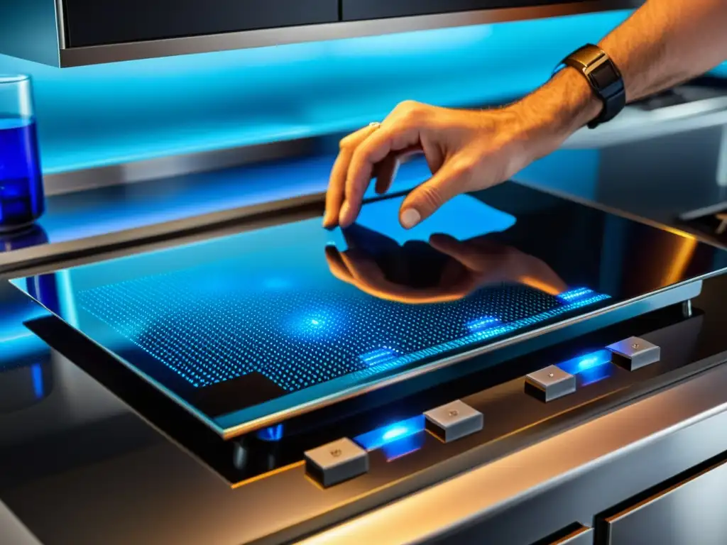 Reparación experta de pantalla de cooktop: manos hábiles y brillo azul Manos hábiles reparando pantalla cocina inducción, con reflejo azul vibrante y ambiente profesional