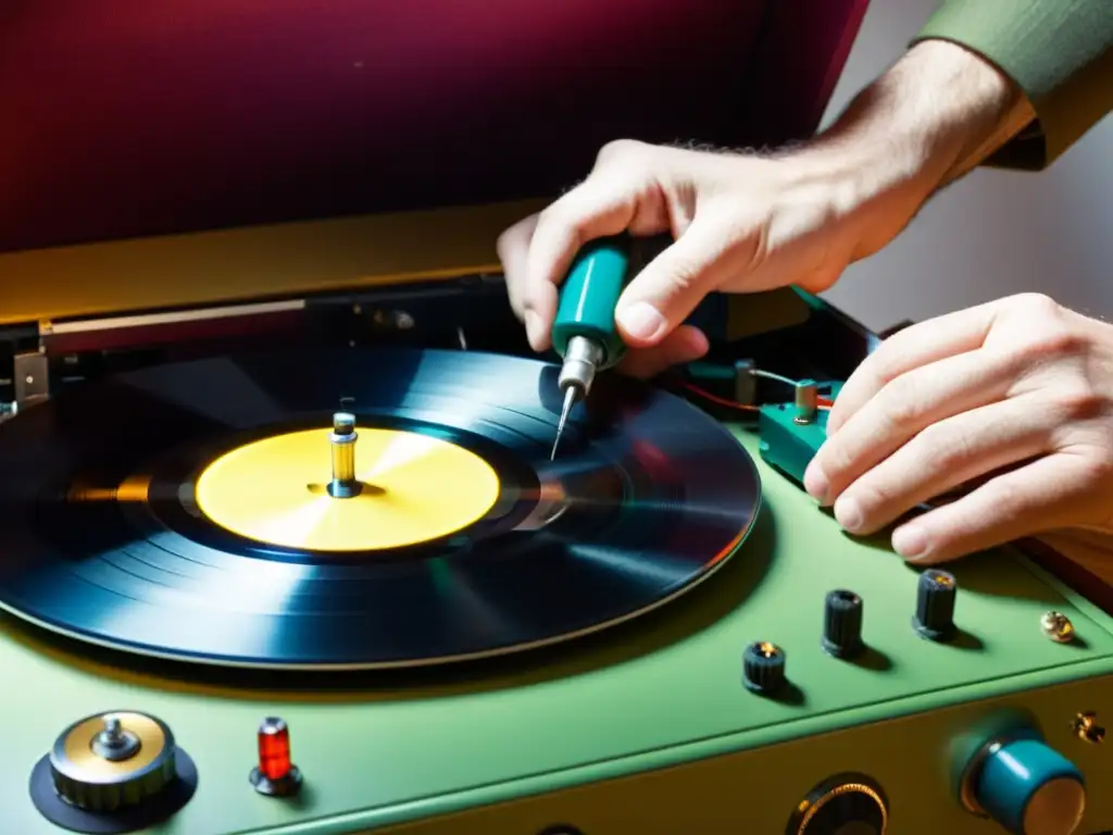 Desmontaje experto de antiguo tocadiscos para DIY Manos habilidosas desmontando un electrodoméstico obsoleto, revelando intrincados componentes