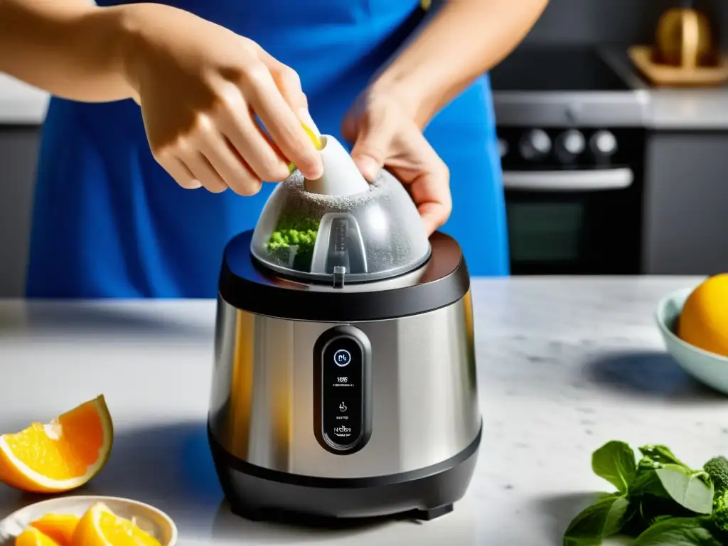 Mantenimiento meticuloso de la licuadora: limpieza experta Manos limpiando meticulosamente una licuadora en una cocina moderna y bien iluminada