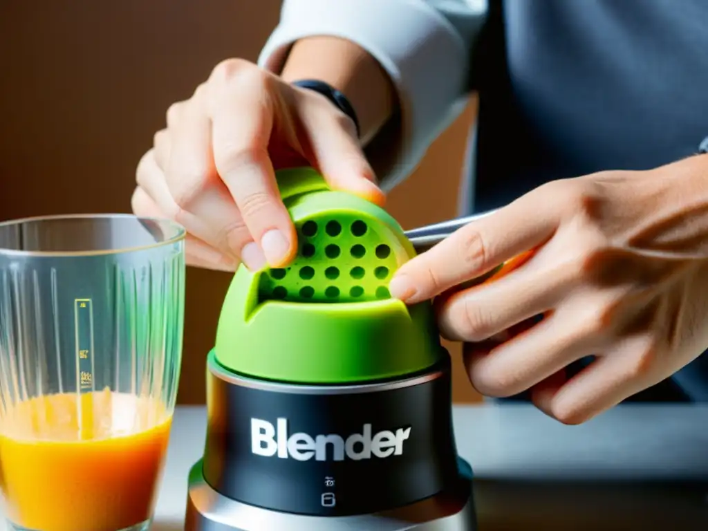 Detalle meticuloso: limpieza experta de un ingenioso mezclador Manos meticulosas desmontando y limpiando a fondo una batidora, resaltando su diseño moderno y tecnología avanzada