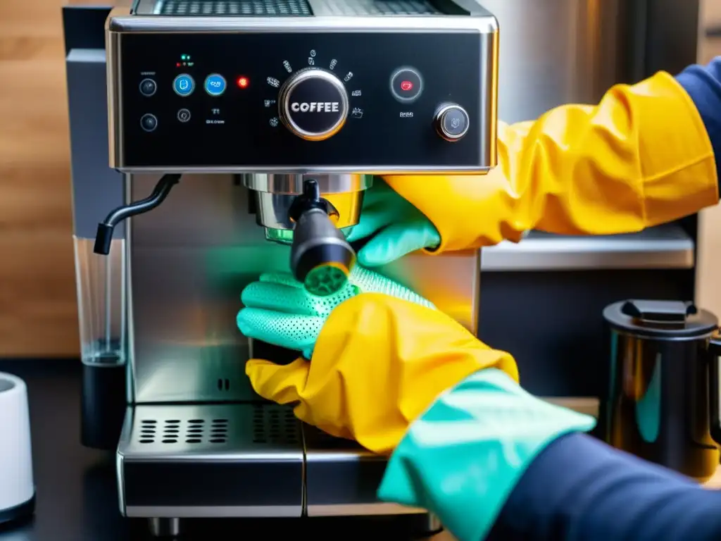 Minuciosa limpieza de cafetera con guantes protectores Manos protegidas limpiando detalladamente cafetera moderna