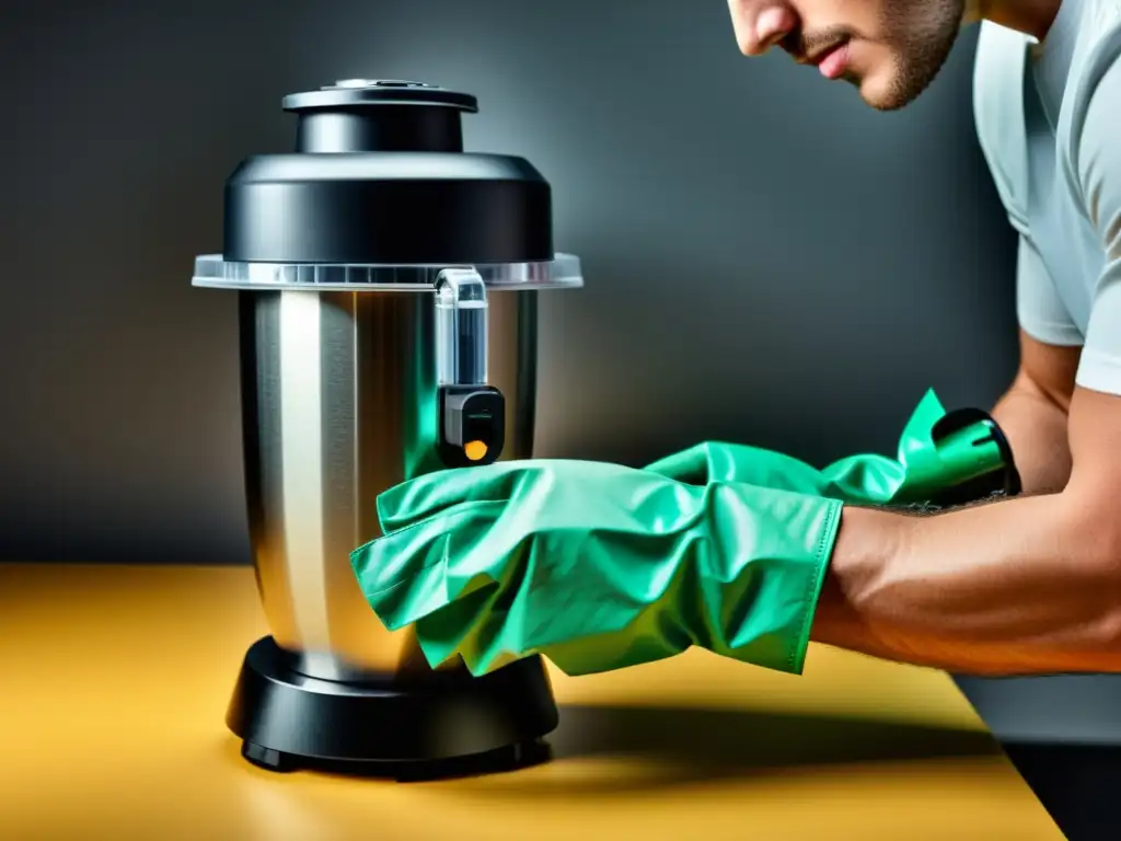 Reparación detallada de licuadora con destornillador y guantes Manos protegidas desmontan con precisión la batidora, mostrando solución rápida para batidora que no arranca