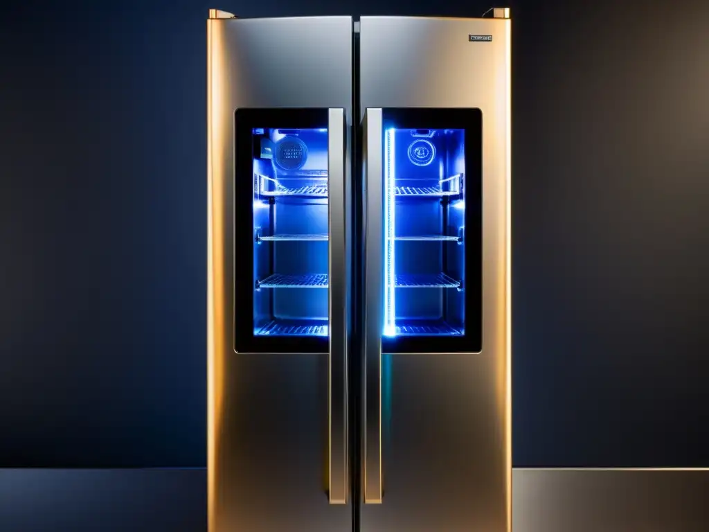 Sensor de IA integrado en refrigerador de alta gama Mantenimiento predictivo electrodomésticos IA: Sensor de IA en moderna nevera de diseño futurista, con circuitos y luces brillantes