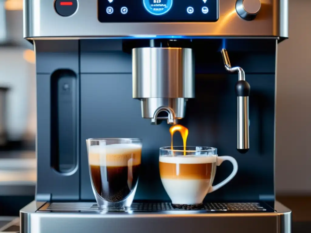 Máquina de café de alta tecnología en acción: detalle ultramoderno Una máquina de café en cápsulas de alta tecnología en acción, resaltando su precisión y calidad en el proceso de preparación del café