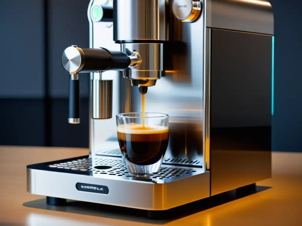 Máquina de café de diseño moderno con mecanismos internos transparentes Una máquina de café en cápsulas de diseño moderno y sofisticado, iluminada por luces LED, con un espresso perfectamente formado goteando en una taza