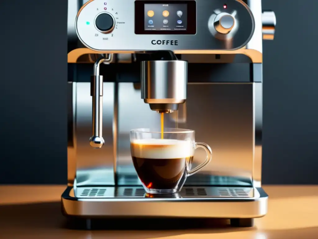 Máquina de café moderna: cápsula de café transparente en acción Una máquina de café en cápsulas moderna y elegante muestra el proceso de elaboración con cápsulas, iluminada con LED suave