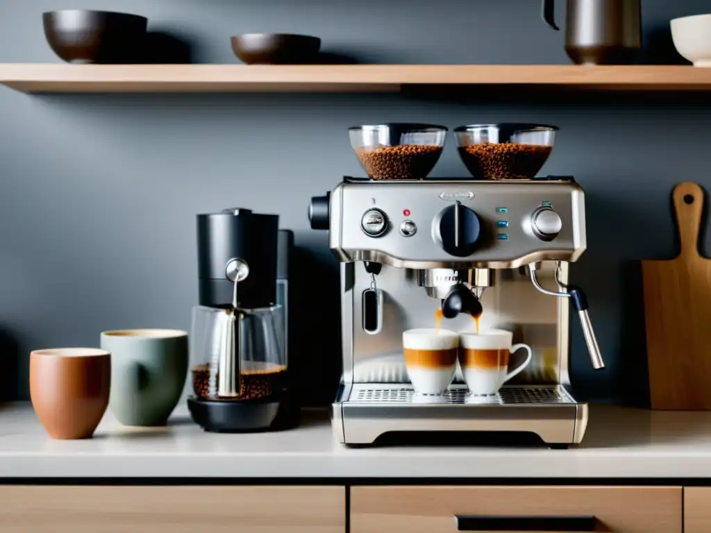 Máquina de café expreso moderna en cocina acogedora Una máquina de espresso moderna en una cocina pequeña, con tazas y granos de café
