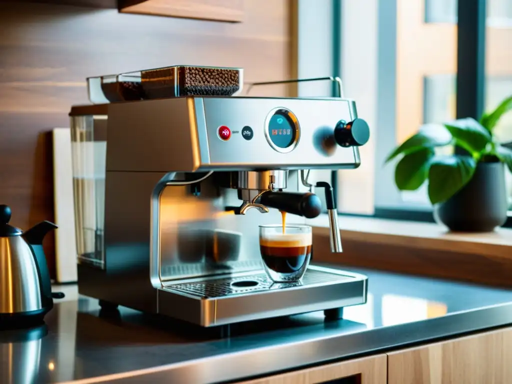 Máquina de café espresso en un apartamento moderno Una máquina de espresso moderna y elegante en un pequeño apartamento, creando un ambiente acogedor con luz natural