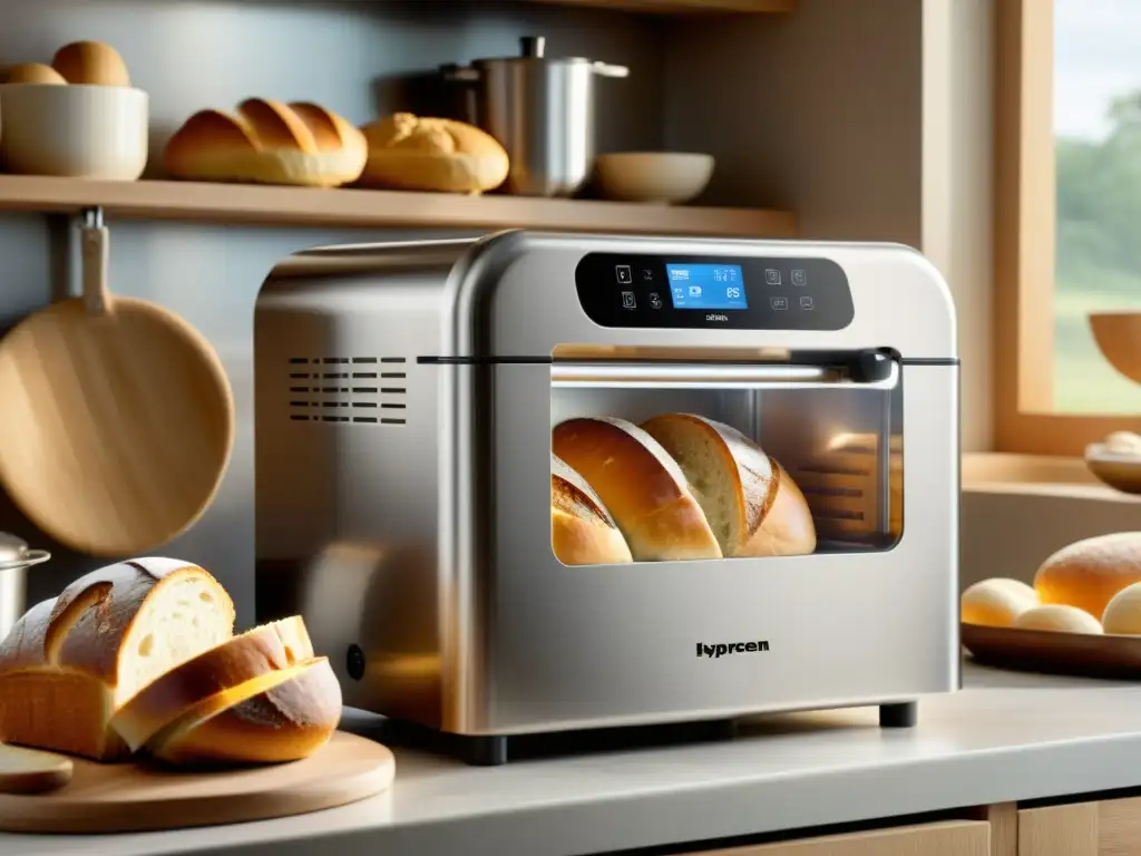 Máquina de pan de acero inoxidable con pan recién horneado Máquina de hacer pan casero de acero inoxidable moderna, rodeada de pan recién horneado en una cocina acogedora con luz natural