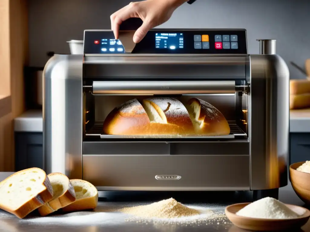 Máquina moderna de panificación: manos moldeando masa, vapor y calidez Una máquina de hacer pan casero moderna con un toque de acero inoxidable, rodeada de harina, manos moldeando masa y una atmósfera acogedora