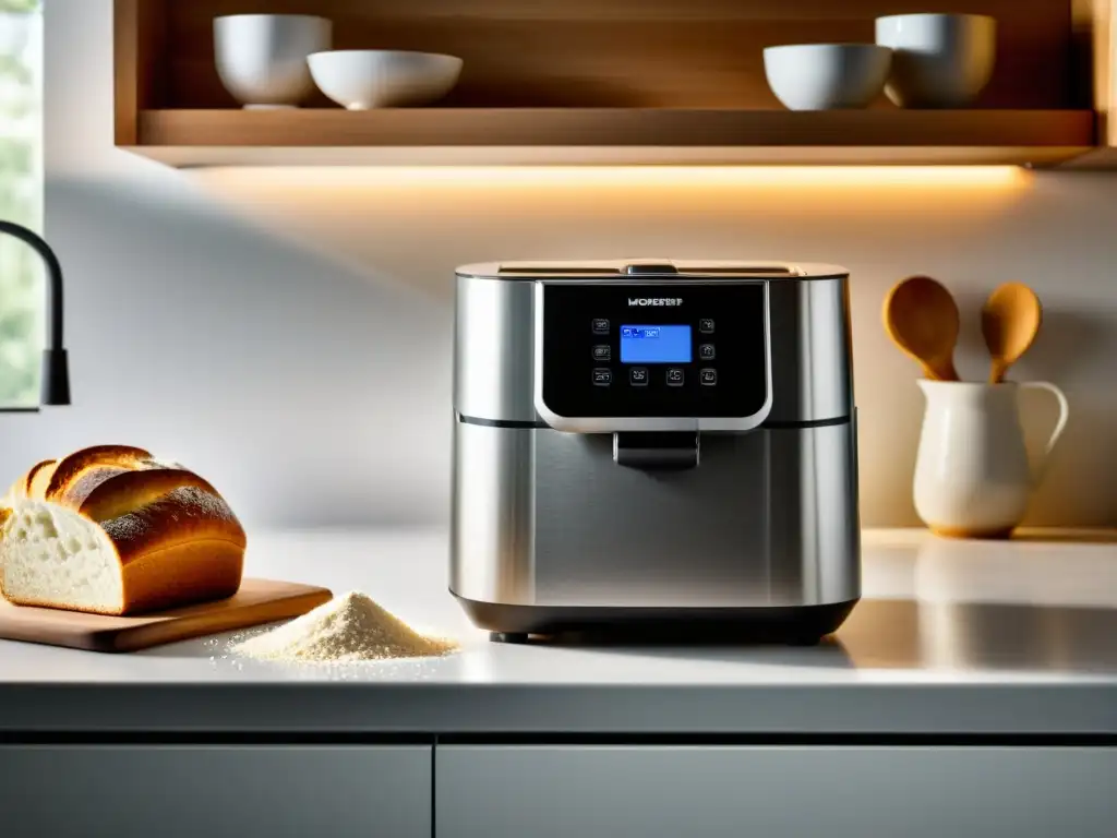 Máquina moderna para hacer pan: fusión de tradición y tecnología Una máquina de hacer pan casero moderna y elegante iluminada por luz natural en una encimera blanca
