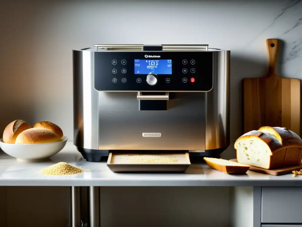 Máquina moderna para hacer pan rodeada de pan recién horneado Una máquina de hacer pan casero con pan recién horneado en una cocina luminosa y acogedora