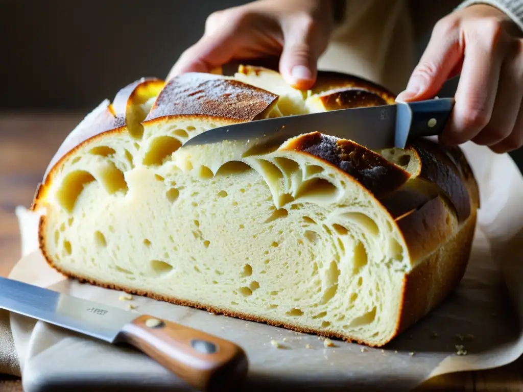 Delicioso pan casero recién cortado: crujiente y esponjoso Máquinas de hacer pan casero: Delicado corte de pan casero dorado y esponjoso, con una miga perfecta, en un ambiente cálido y acogedor