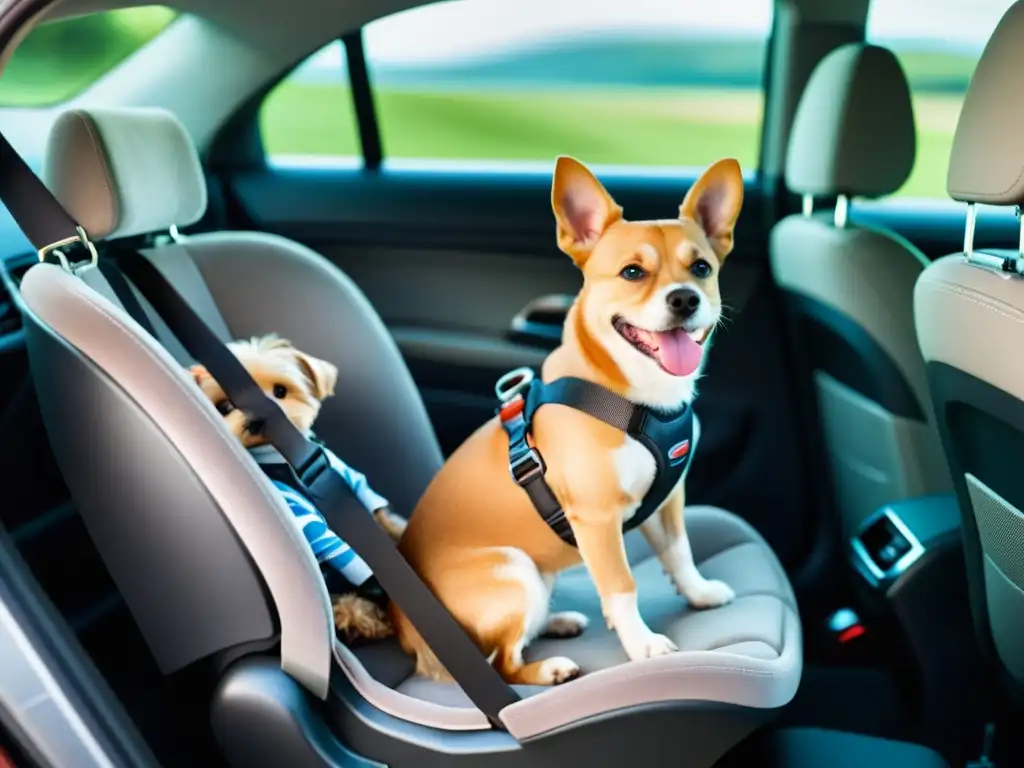 Niño y perro seguros en asientos de coche Niño y mascota seguros en auto, destacando la fiabilidad de los sistemas de seguridad para niños y mascotas en vehículos