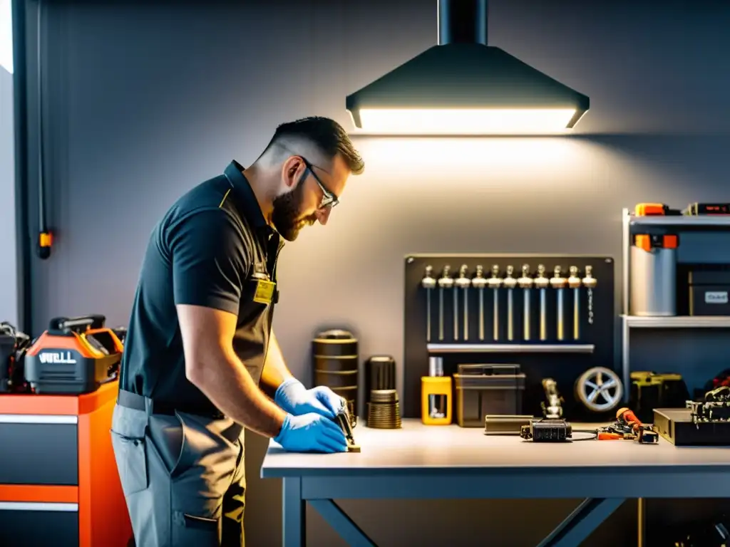Mechánico ajustando motor con luz LED de alta calidad en taller moderno Un mecánico ajusta con precisión un motor en un taller moderno y bien iluminado, resaltando los detalles con un foco LED