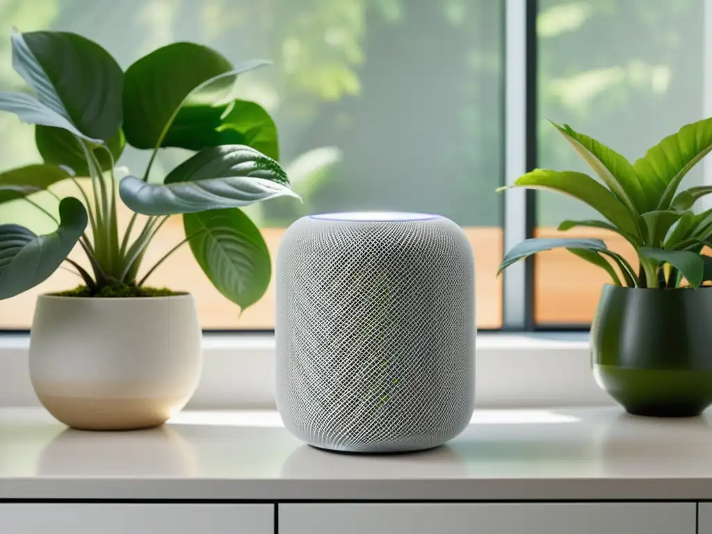 HomePod de Apple: elegancia natural en tu hogar El mejor altavoz inteligente para hogar, Apple HomePod, en un ambiente sereno y acogedor con plantas verdes y luz natural