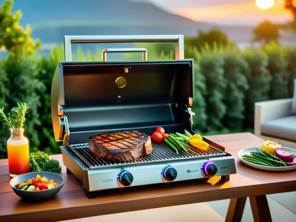 Parrilla eléctrica moderna y elegante con steak y verduras a la parrilla Mejor grill para asados en casa: Una parrilla eléctrica moderna con marcaje de parrilla, steak y verduras a la parrilla, en un patio al atardecer
