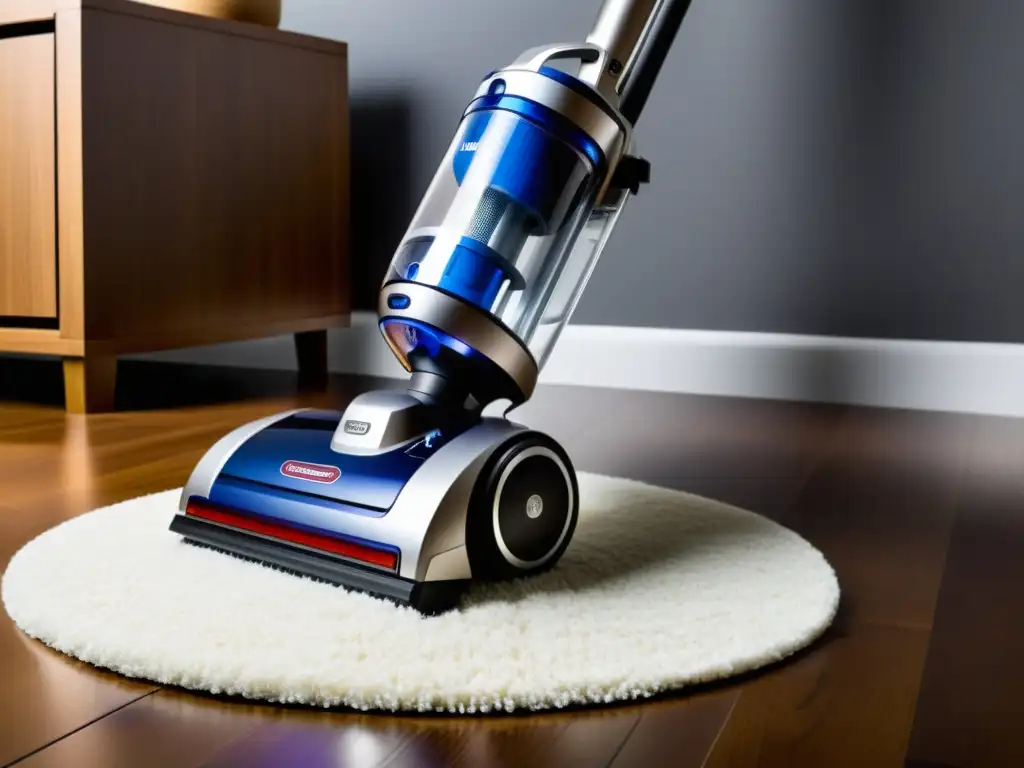 Potente aspiradora moderna: limpia y elegante Mejor aspirador para hogar saludable: moderno aspirador capturando polvo fino y pelo de mascota en suelo de madera, con luces LED iluminando la zona