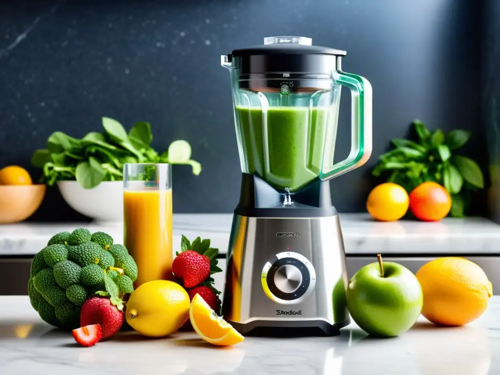 Mejor batidora de vaso para smoothies: una escena moderna con una batidora de acero inoxidable rodeada de frutas frescas y verduras
