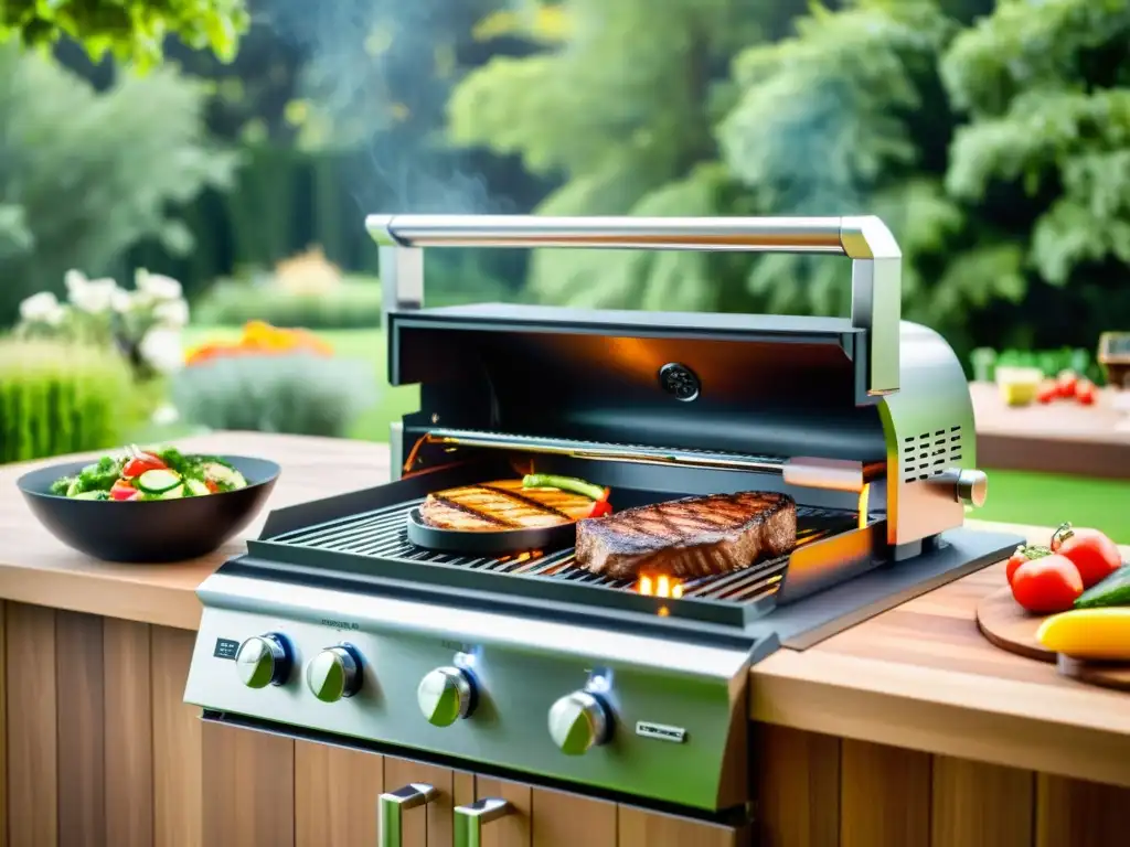 Parrilla eléctrica moderna en patio elegante La mejor parrilla eléctrica sabor barbacoa en un patio moderno con vegetación exuberante y luz brillante