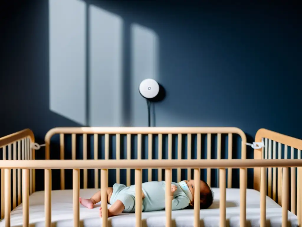 El mejor sistema de monitoreo de bebé Nanit, en un entorno tranquilo con luz suave y un bebé durmiendo pacíficamente en su cuna