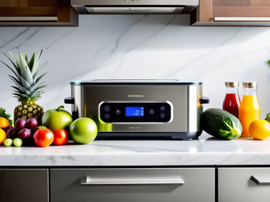 Envasadora al vacío de acero inoxidable para alimentos frescos Mejores electrodomésticos multifuncionales conservación alimentos: Moderno electrodoméstico de acero inoxidable en elegante cocina de mármol blanco