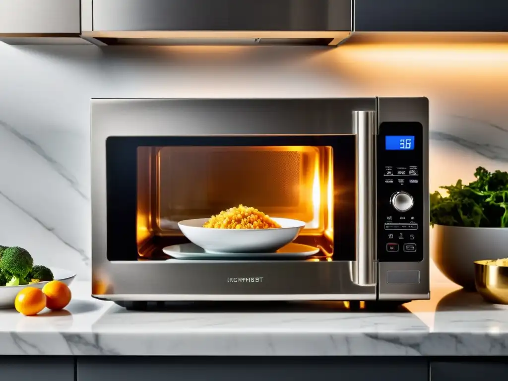 Microondas de acero inoxidable con plato de comida deliciosa Uno de los mejores hornos microondas relación calidad precio, con diseño moderno, iluminación cálida y un plato de comida deliciosamente preparada en su interior
