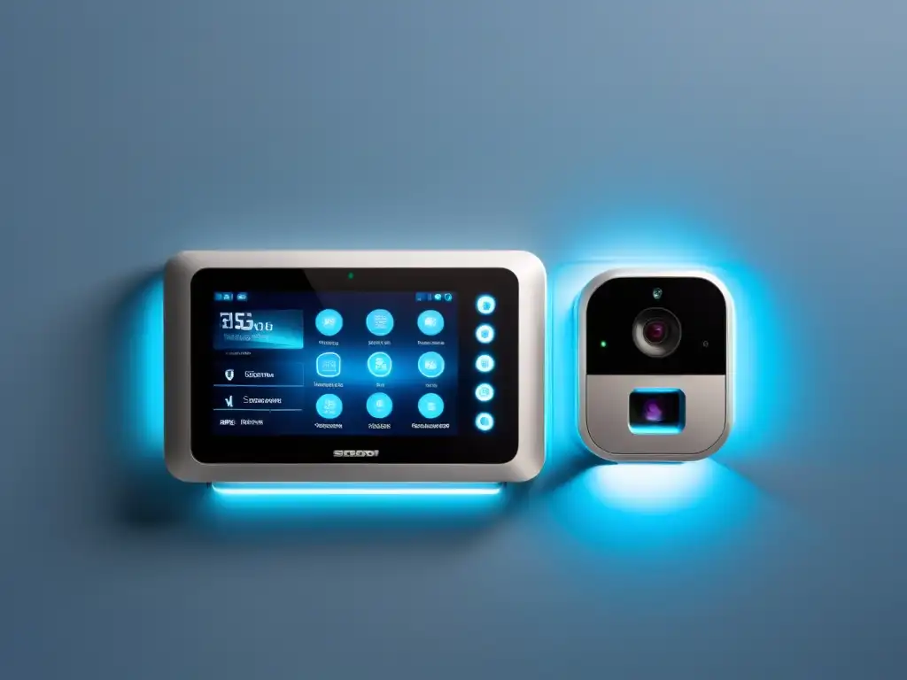 Mejores sistemas inteligentes proteger hogar: Sistema de seguridad moderno con diseño futurista, panel de control central y cámaras de alta tecnología integradas en el hogar, iluminado por una suave luz azul