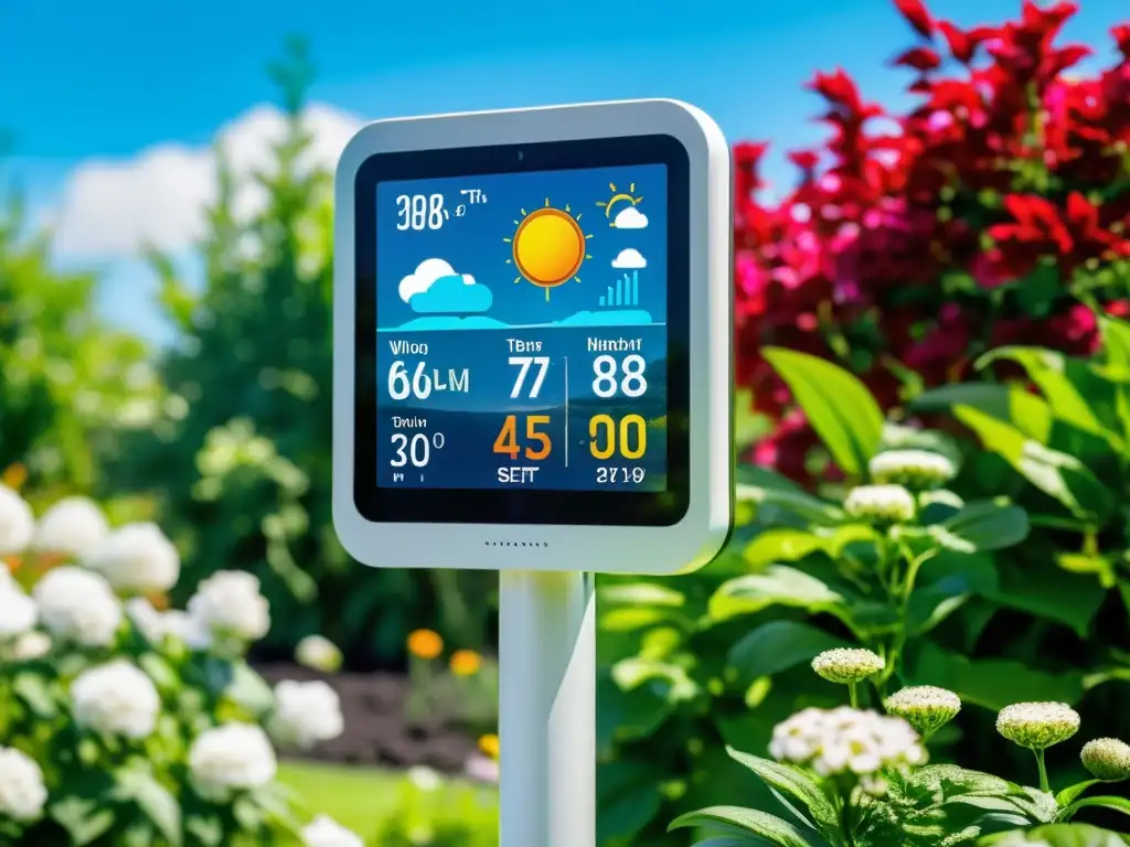 Estación meteorológica futurista en jardín Estación meteorológica doméstica en jardín bien cuidado con display digital y cielo azul sereno