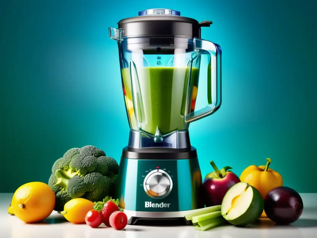 Mezcla de frutas y verduras frescas en licuadora moderna Una mezcla vibrante de frutas y verduras frescas se transforma en un smoothie colorido en una moderna licuadora