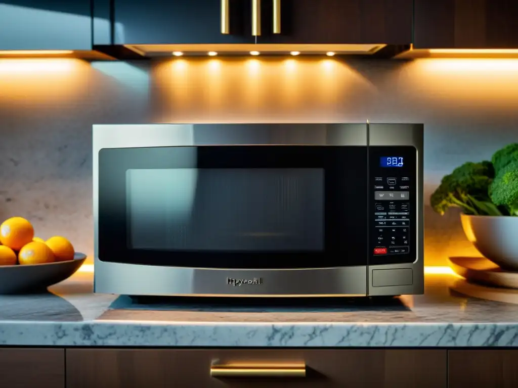 Microondas de acero inoxidable con comida caliente en cocina moderna Microondas de acero inoxidable en encimera de granito, iluminado por luz cálida natural
