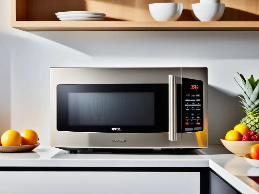 Microondas de acero inoxidable con diseño moderno y elegante Un microondas de acero inoxidable moderno iluminado suavemente en una cocina minimalista, reflejando beneficios del microondas en cocina